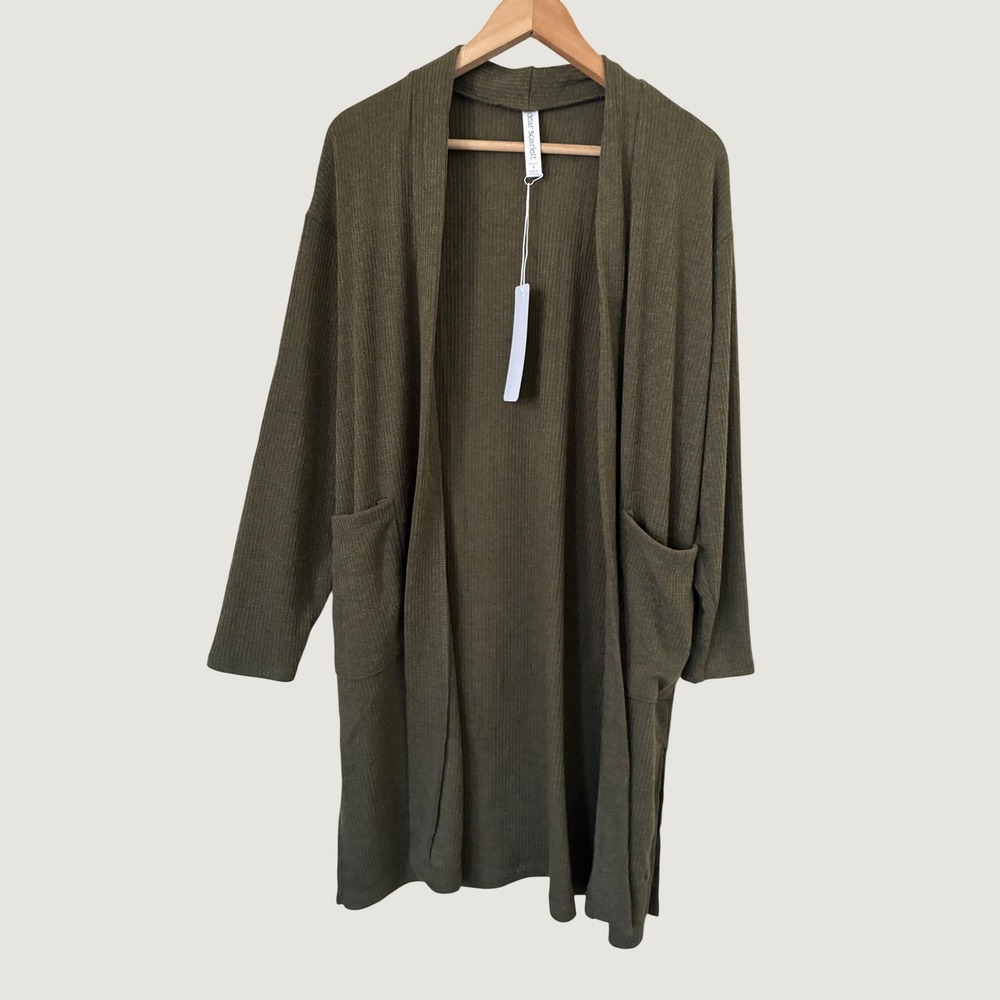 Dear Scarlett Olive Green Ribbed Open Front Cardigan Longline Pocket Sweater S